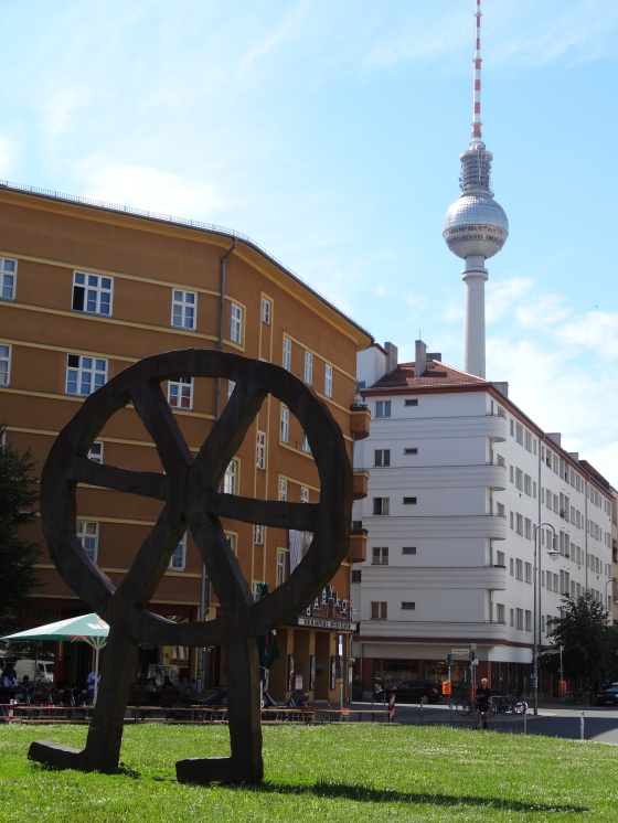View of the Fernsehturm from the Volksbuhne Theatre
